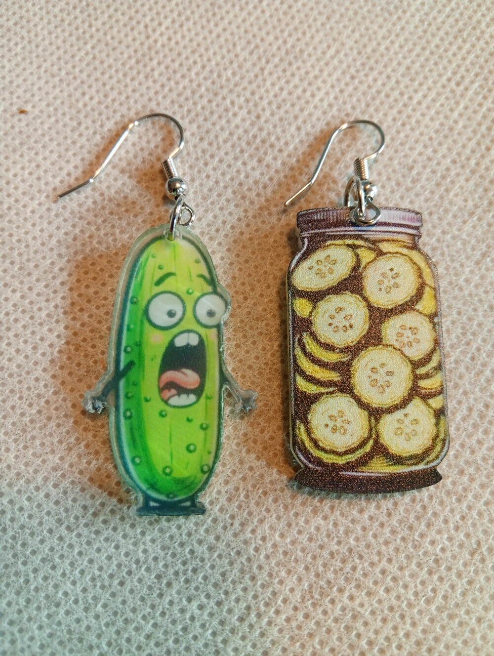 Green Pickle and Yellow Pickle Jar Novelty Dangle Earrings